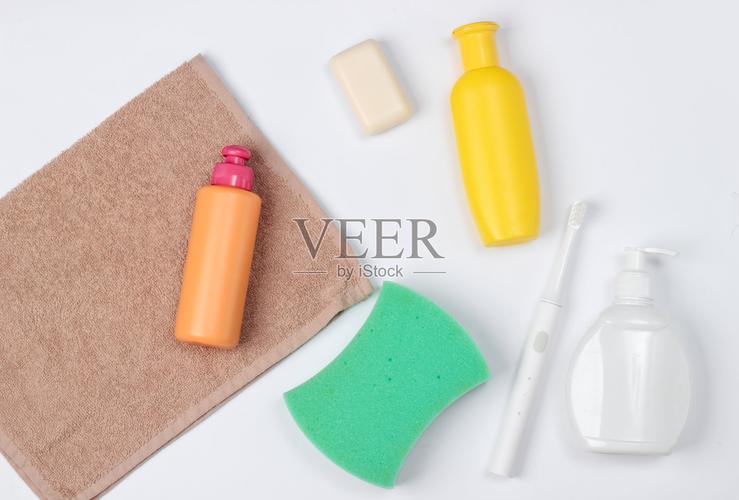 美容保健化妆品卫生用品上的白色背景平的俯视图照片摄影图片